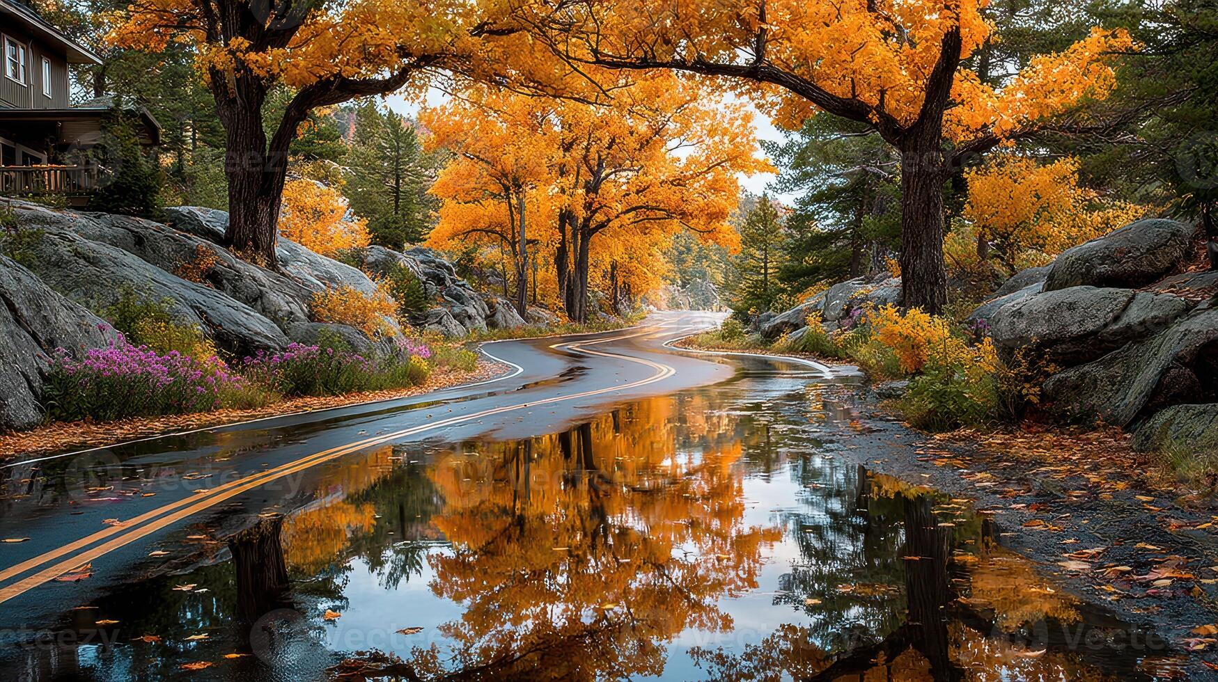 Beautiful autumn landscape with winding road surrounded by vibrant orange trees and reflective water photo