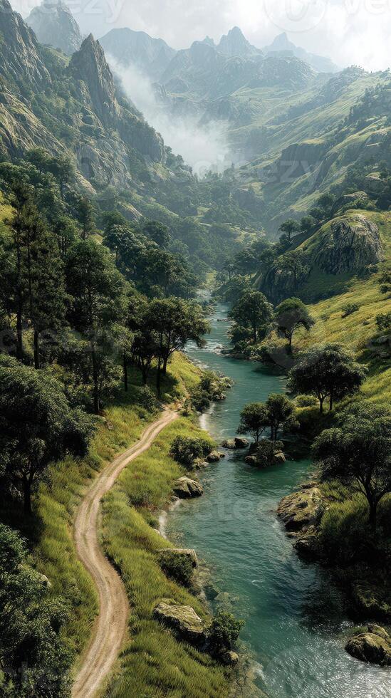 Mountain valley with winding river and lush greenery under cloudy sky photo