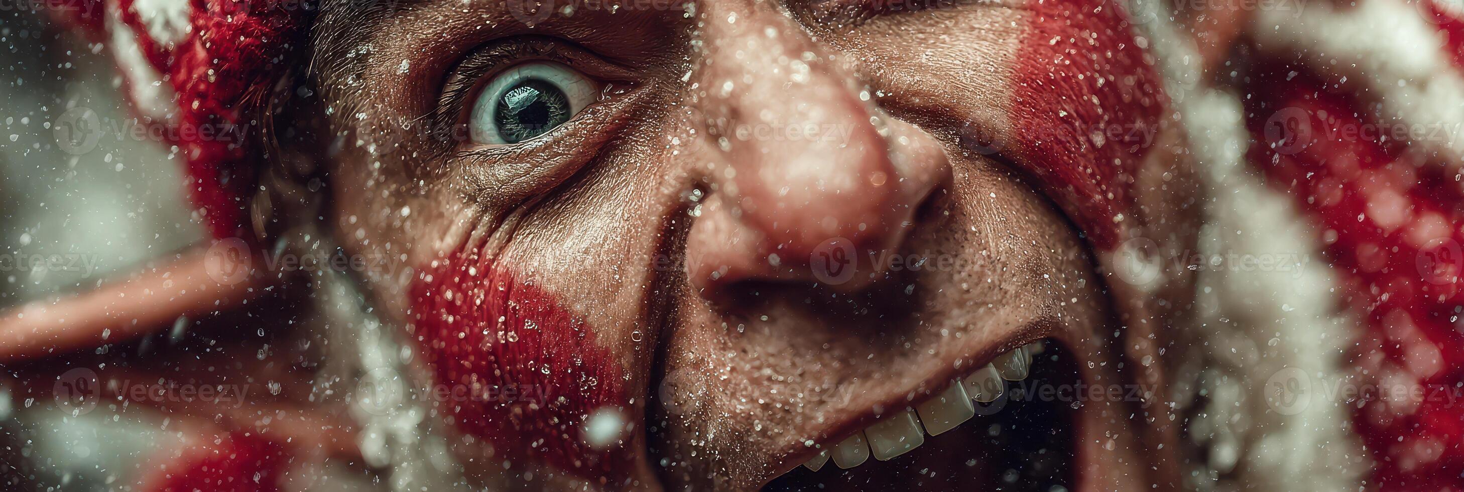 Cheerful performer celebrates winter festivities with festive makeup and snow in a joyful outdoor setting photo