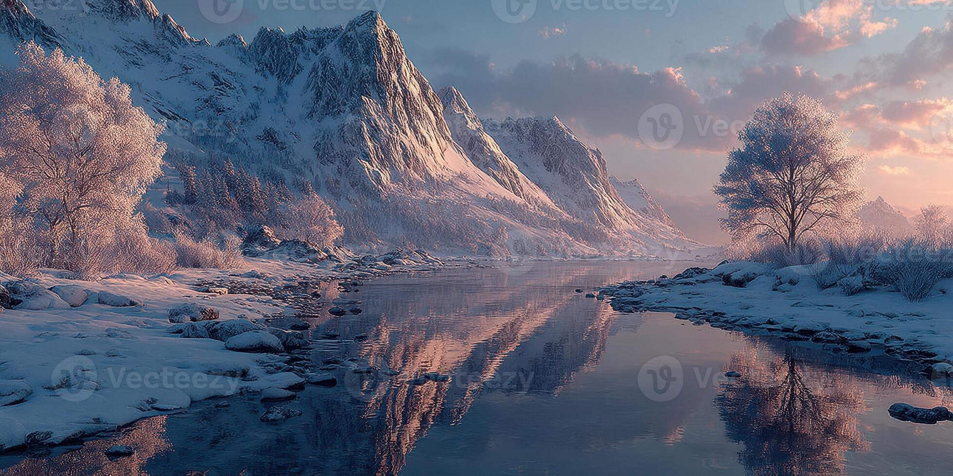 Snow-covered mountains reflect in calm river during twilight in a serene winter landscape photo