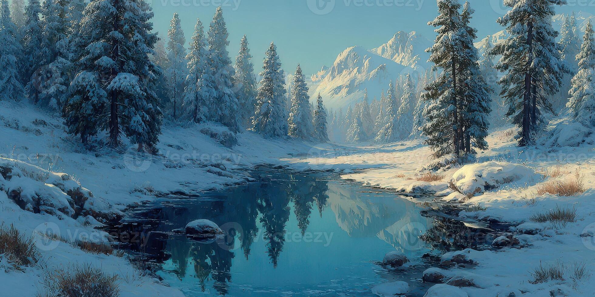 Winter landscape of snow-covered trees reflecting in a serene river at dawn in the mountains photo