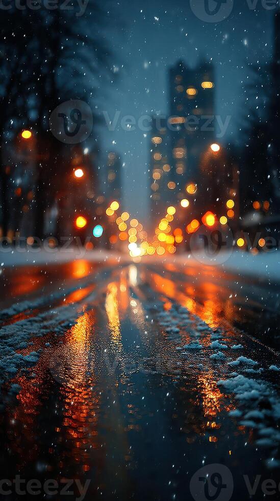 Snowfall creates a serene evening atmosphere in a snowy city street at dusk photo