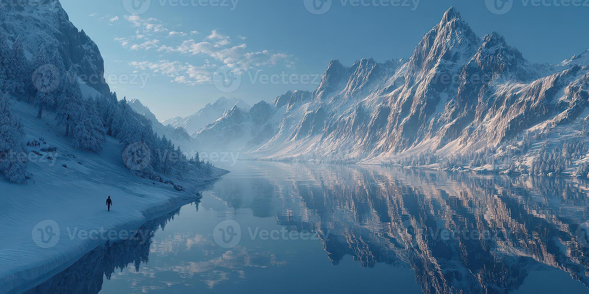 Breathtaking winter landscape with snow-covered mountains and reflections in a serene lake during early morning light photo