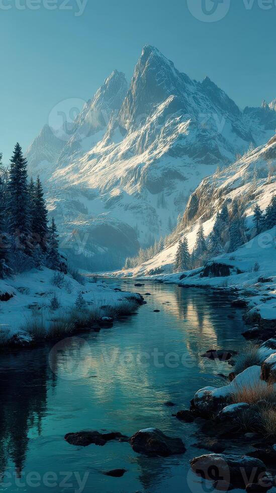 Snowy mountain landscape with a tranquil river reflecting the majestic peak in winter light photo