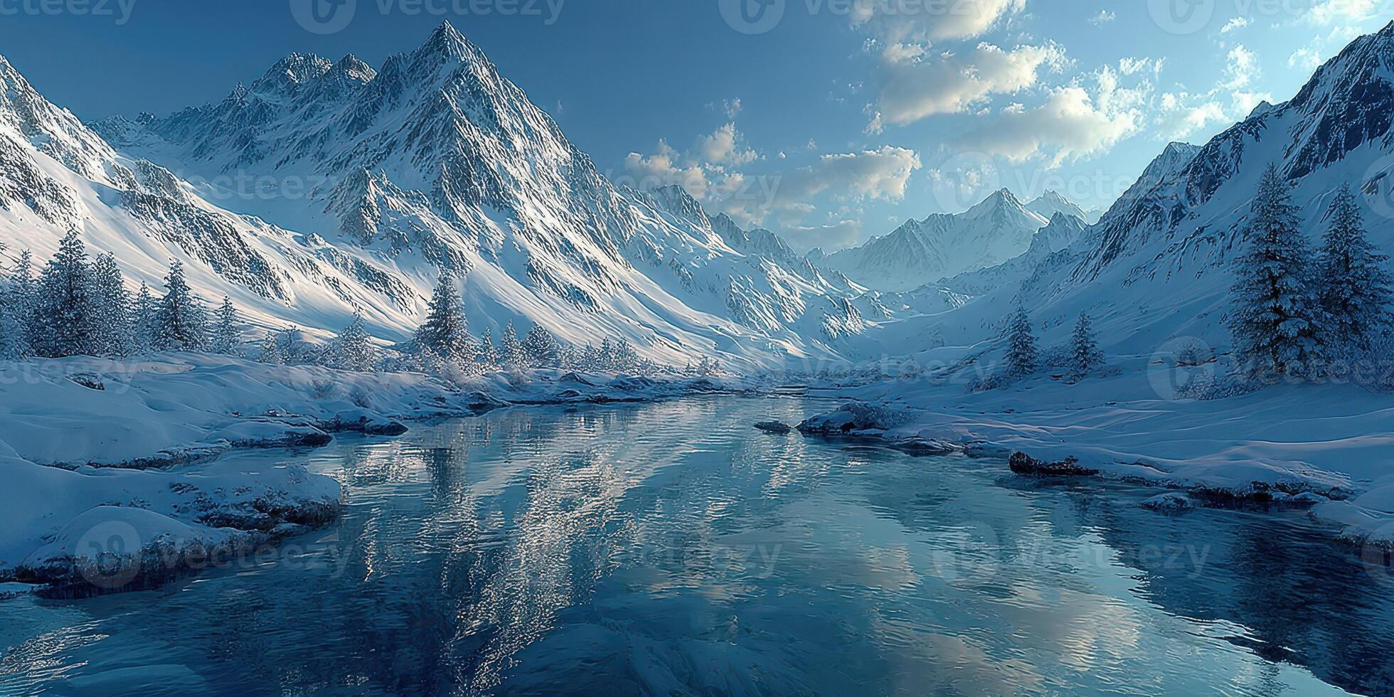 Snowy mountain landscape with a serene river reflecting towering peaks in winter sunlight photo