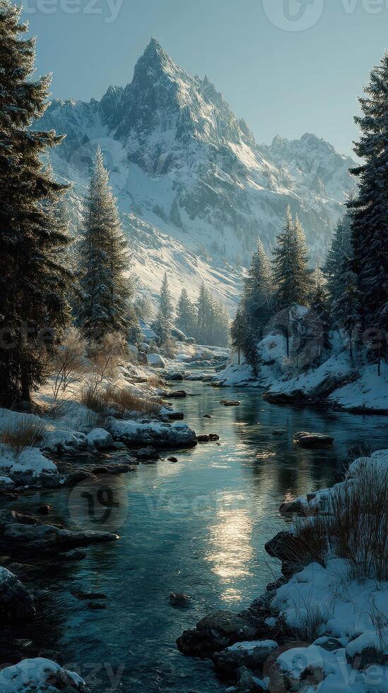 Stunning winter landscape with mountains, forest, and a reflective river during dawn in a serene setting photo