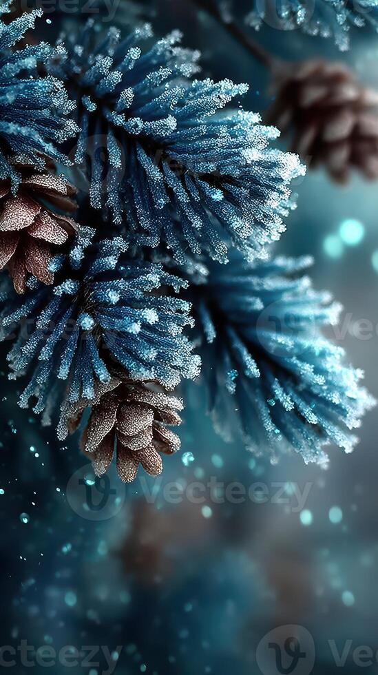 Frost-covered pine branches with cones glistening in winter light sparkles photo