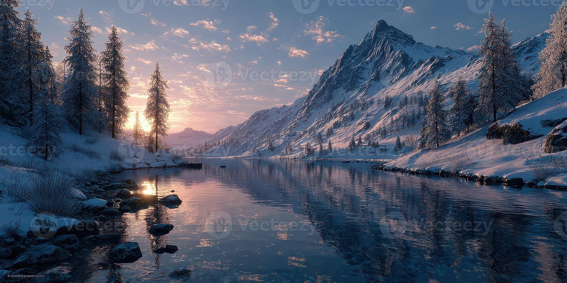Winter sunset over a serene river reflecting snow-covered mountains in a peaceful landscape photo