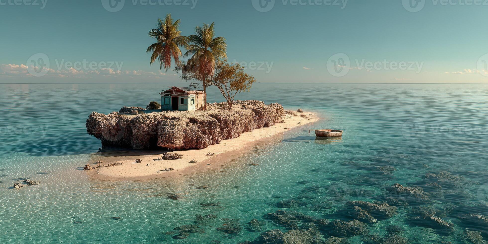 Scenic isolated island with palm trees and a small house surrounded by clear turquoise waters during a calm day photo