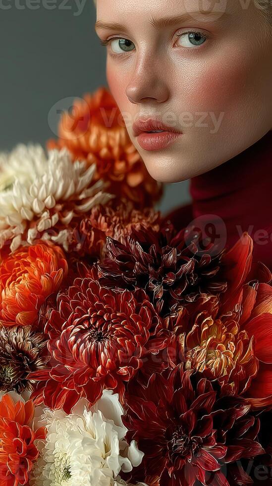 Model poses with a vibrant bouquet of flowers in warm autumn tones against a soft gray background photo