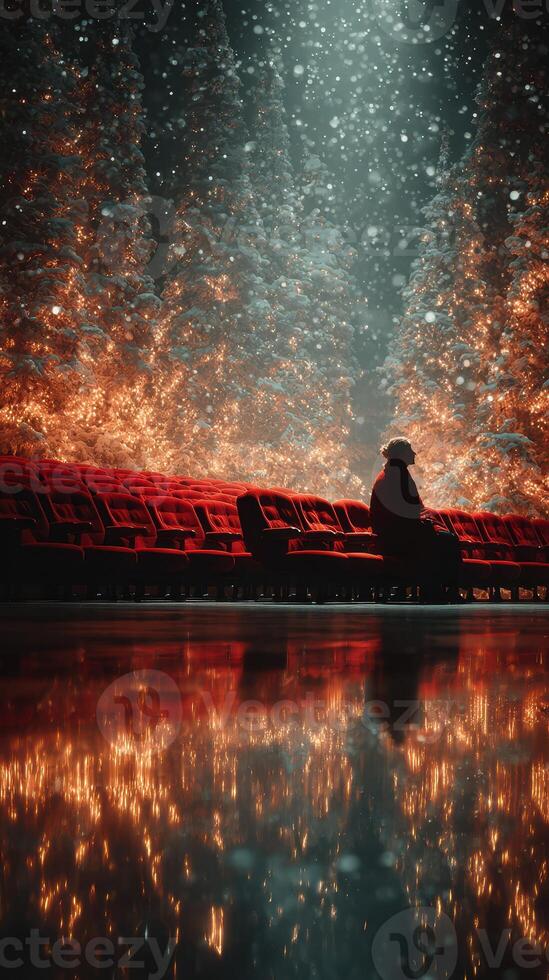 Person sitting alone in a dimly lit theater surrounded by shimmering reflections and vibrant decorations during a festive celebration photo