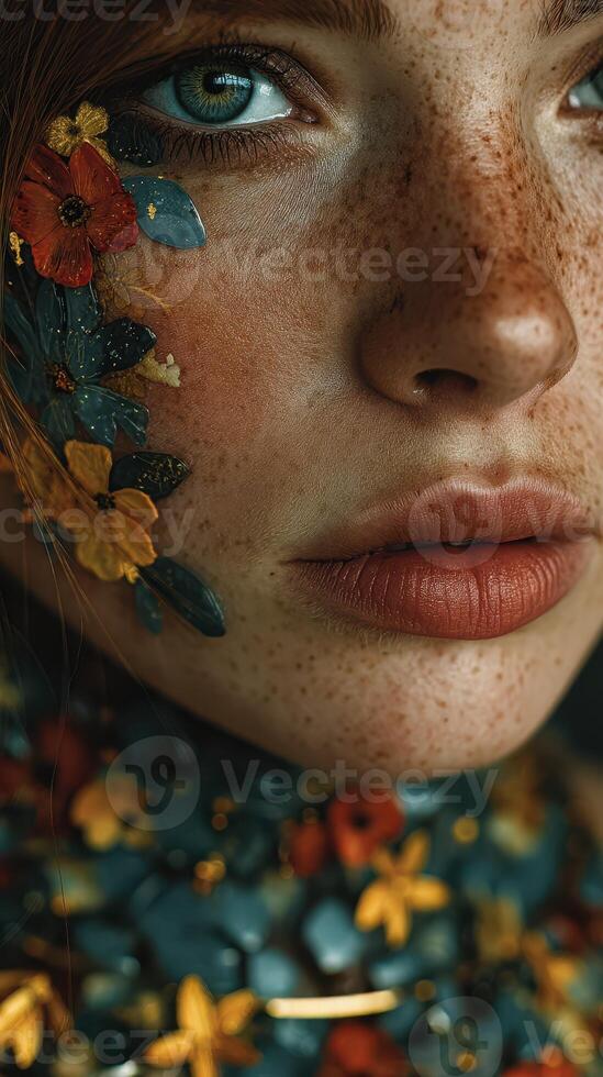 Woman with colorful floral face paint poses close-up in natural light, showcasing intricate beauty and artistic expression photo