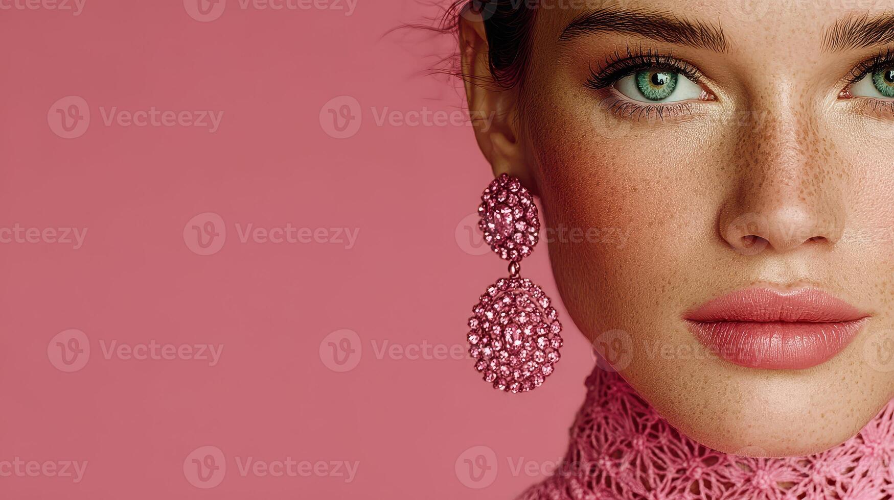 Elegant woman showcases stunning jewelry against a vibrant pink background during a fashion event in a stylish setting photo