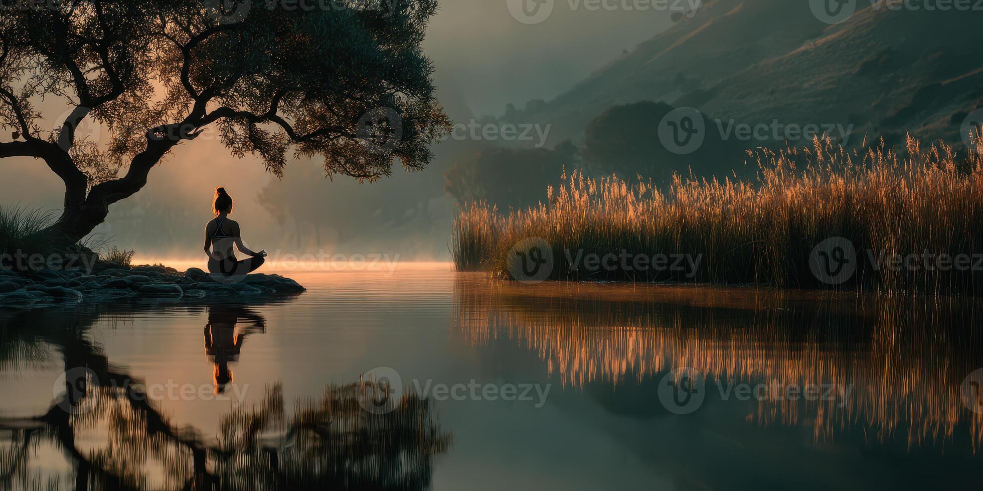 Serene meditation by the river at dawn with mist and golden sunlight filtering through trees and grass photo