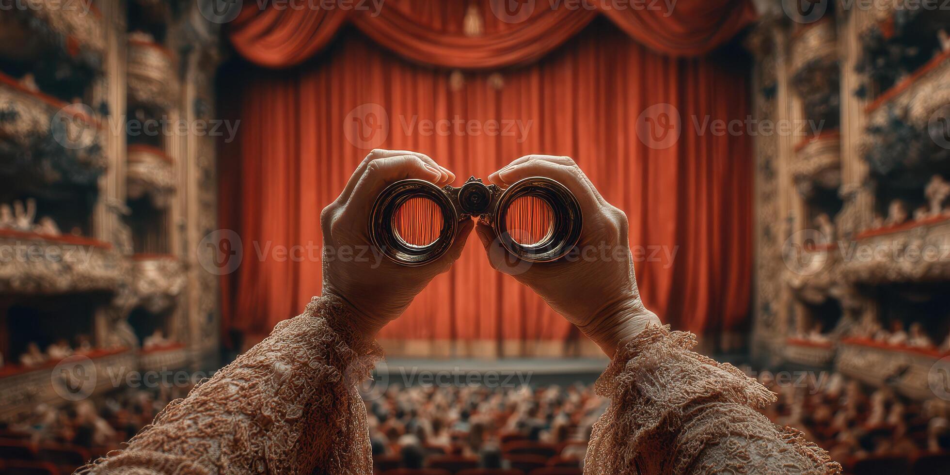 Audience member prepares to enjoy an evening performance at a grand theater with binoculars photo