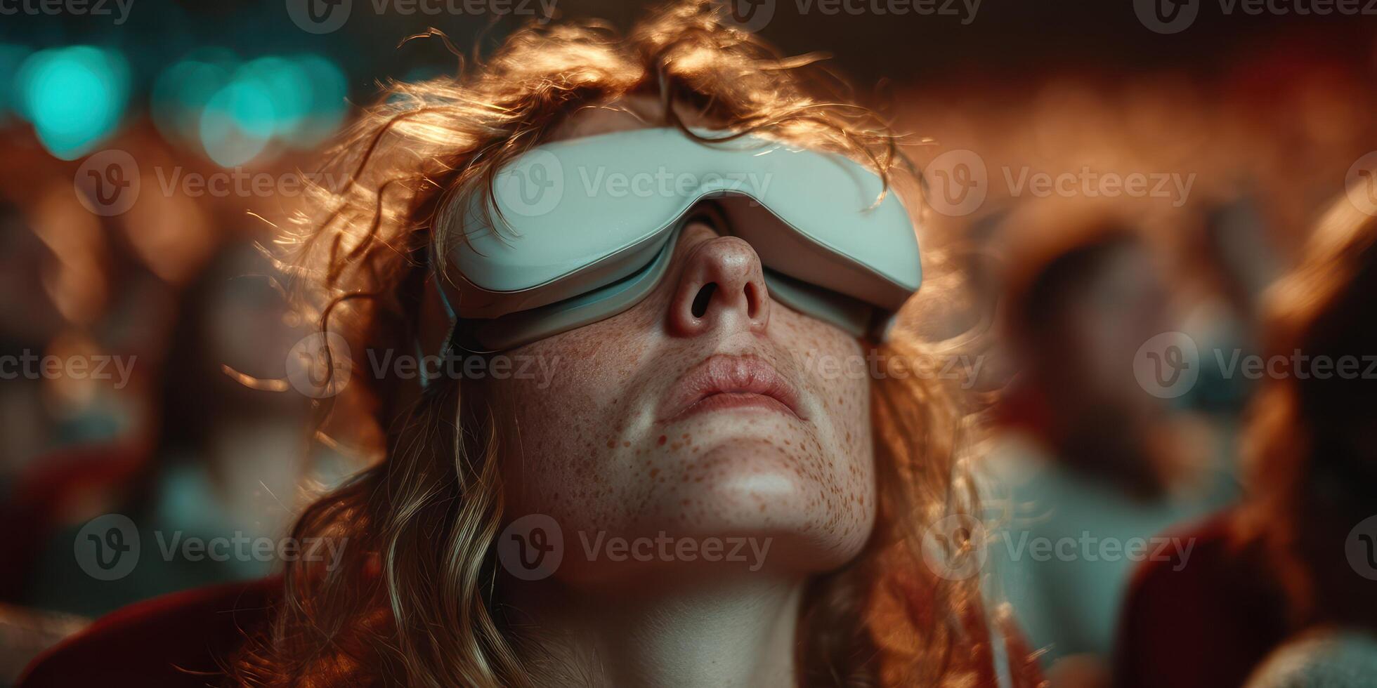 Audience experiences immersive virtual reality at a technology expo during the evening hours photo