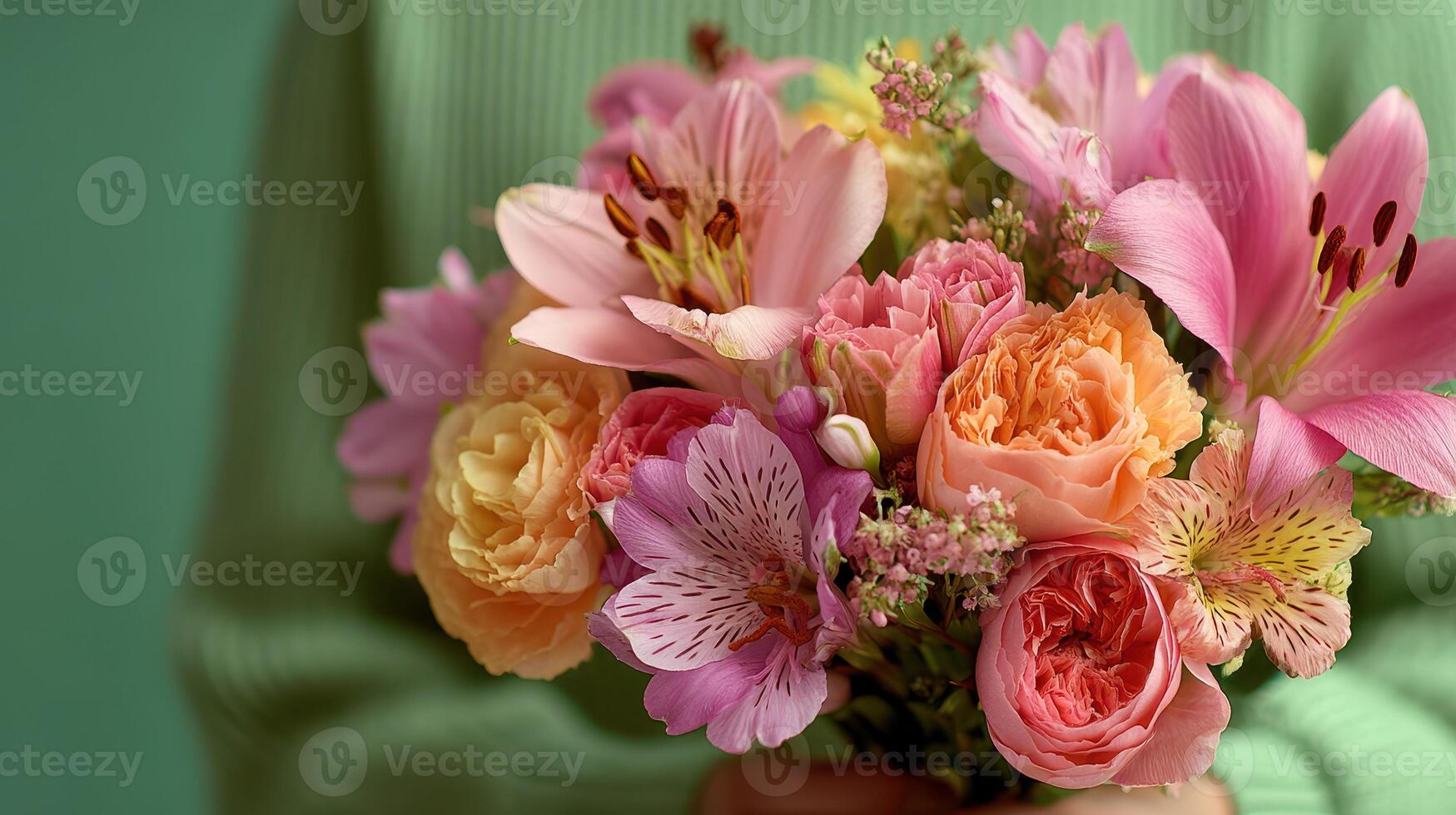 Beautiful spring bouquet featuring colorful flowers held against a soft green background during daylight photo