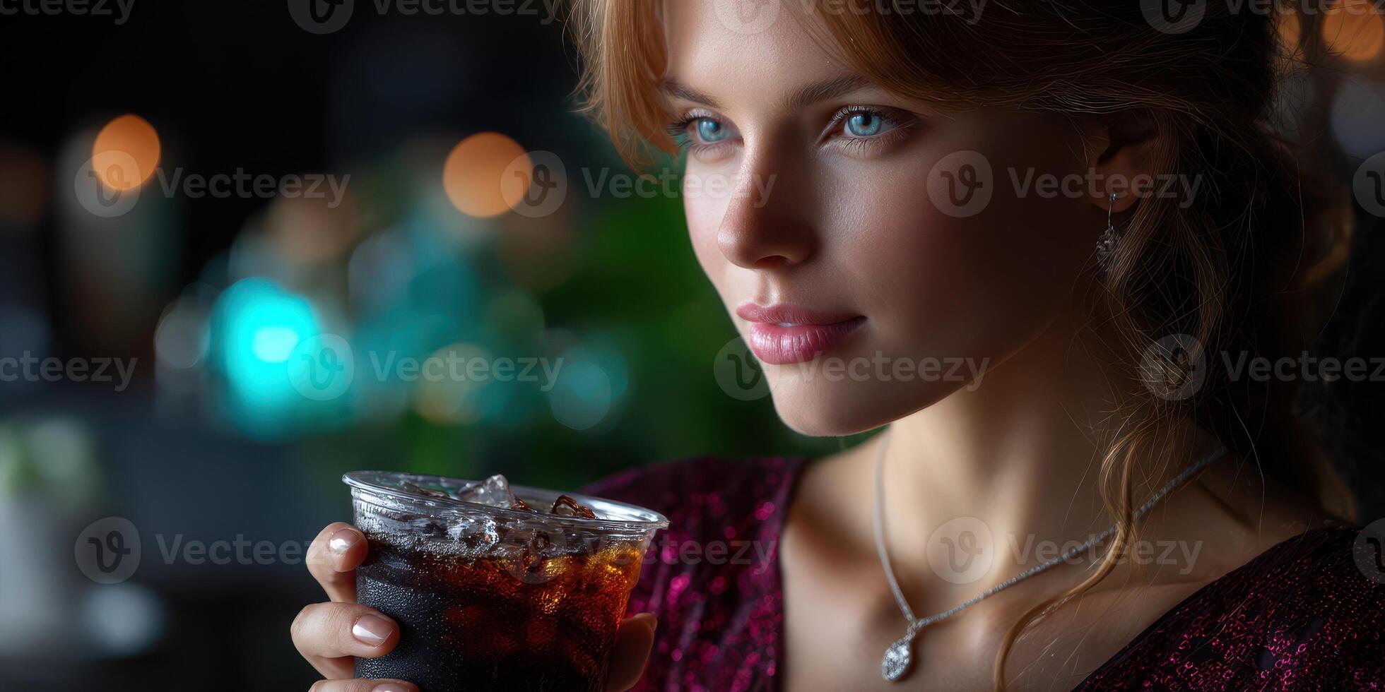 Elegant woman holding a drink in a dimly lit setting with sparkling lights during an evening gathering photo