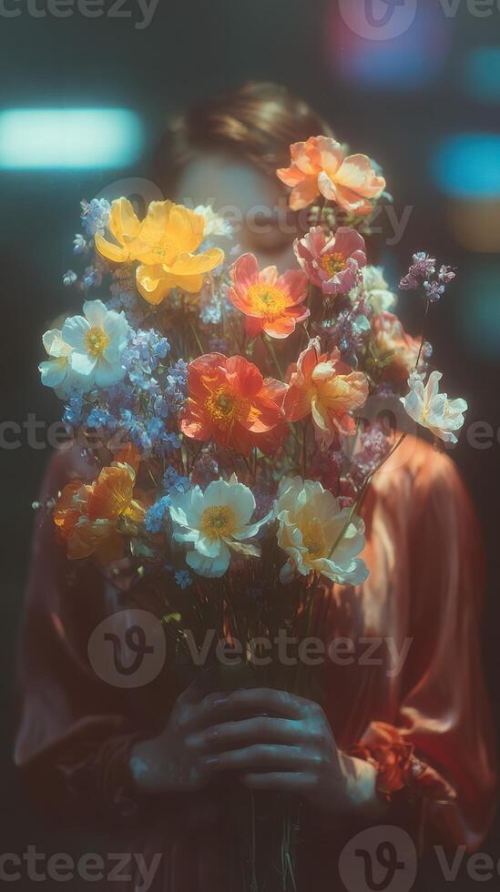 Vibrant bouquet of colorful flowers held by a person in a softly lit indoor setting photo