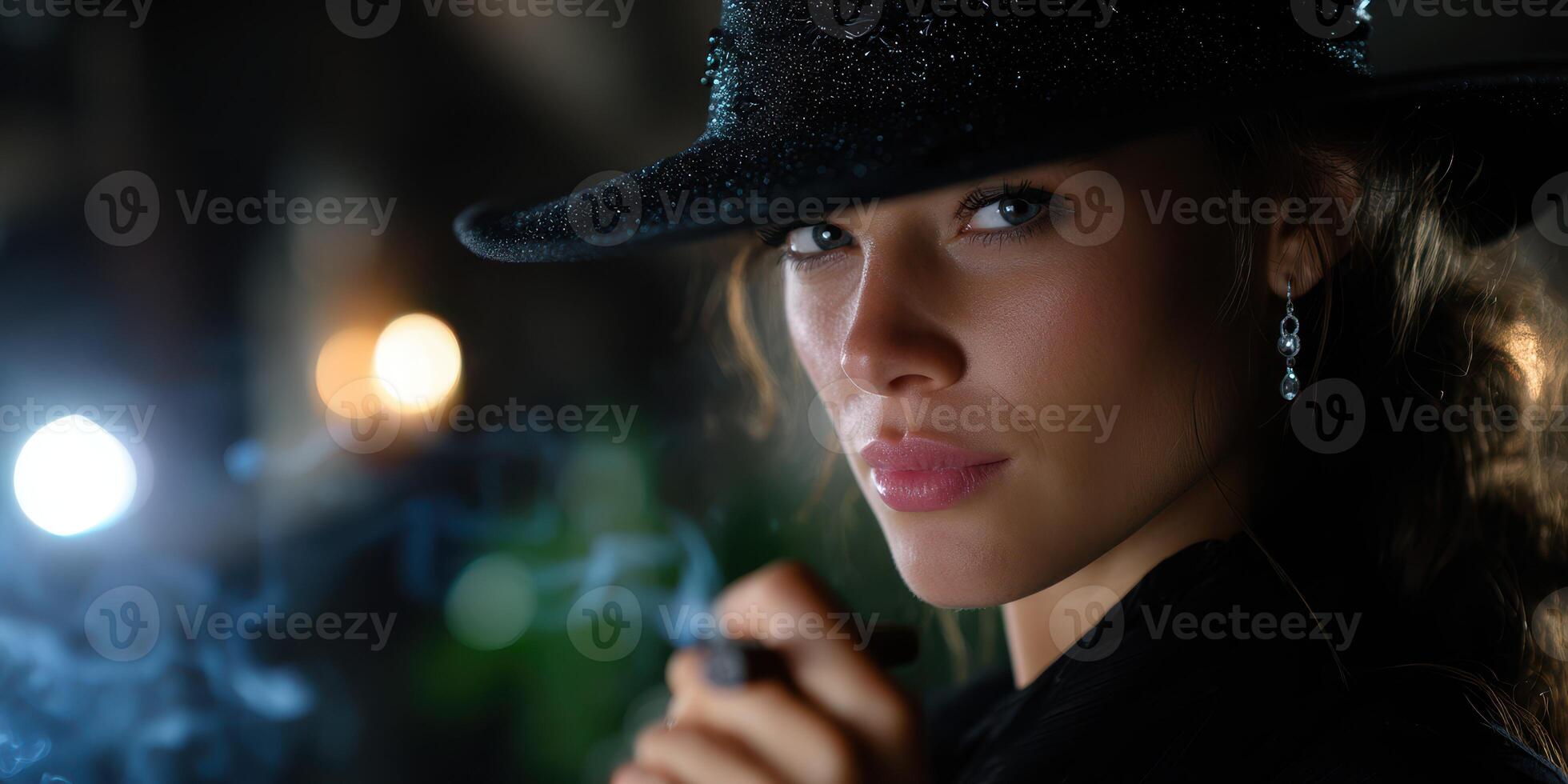Mysterious woman in a black hat holding a ring and smoking in an atmospheric setting during the evening photo