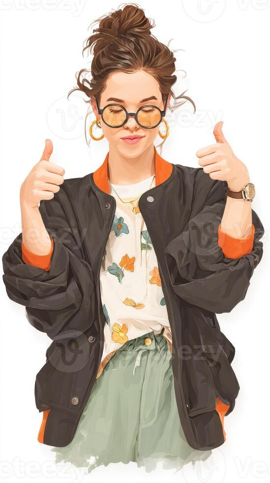 Joyful young woman giving thumbs up while dressed in casual spring attire, showcasing confidence and style photo