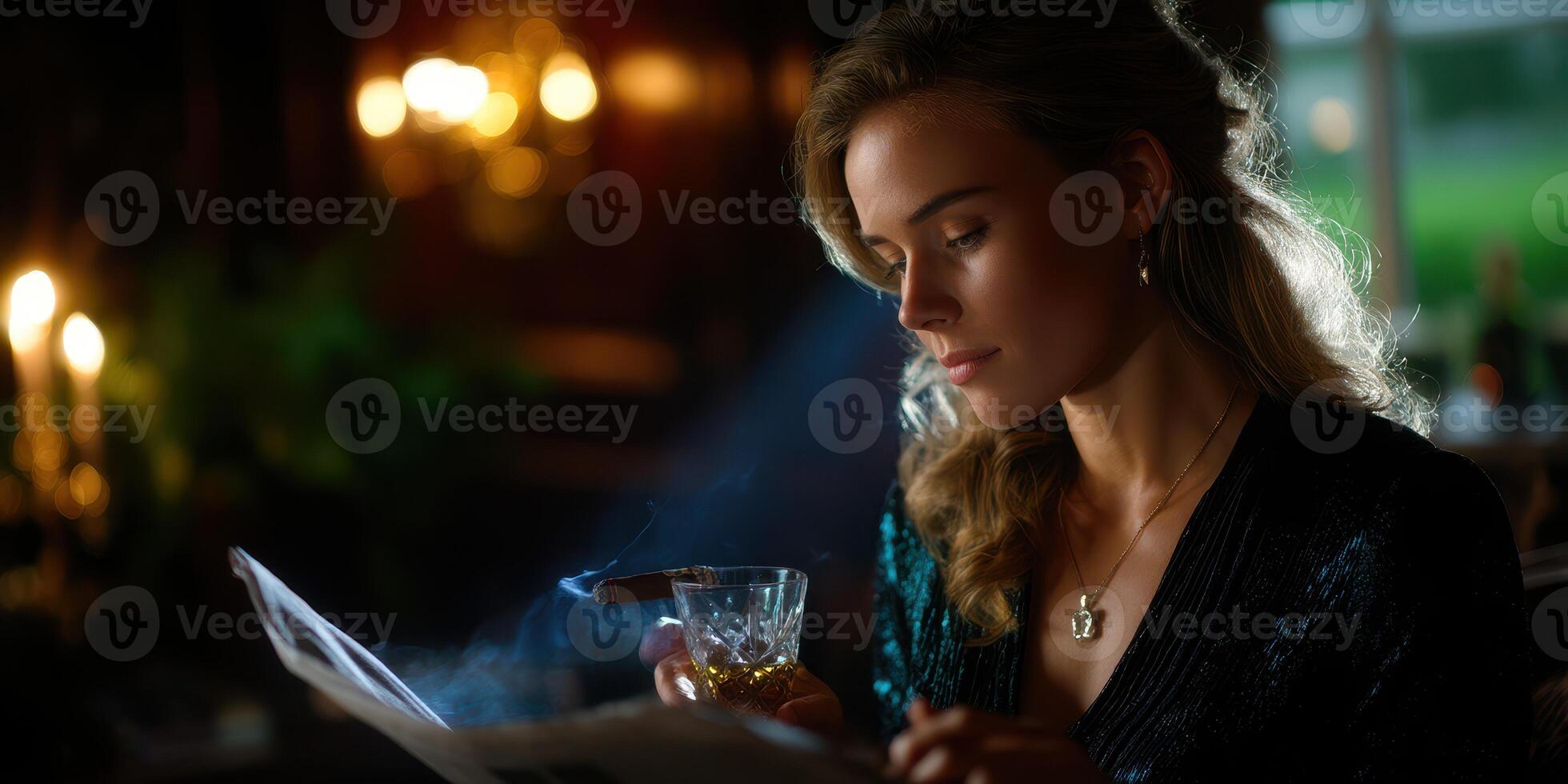 Woman enjoying a drink while reading a newspaper in a dimly lit cozy setting, creating an atmosphere of quiet contemplation and nostalgia photo