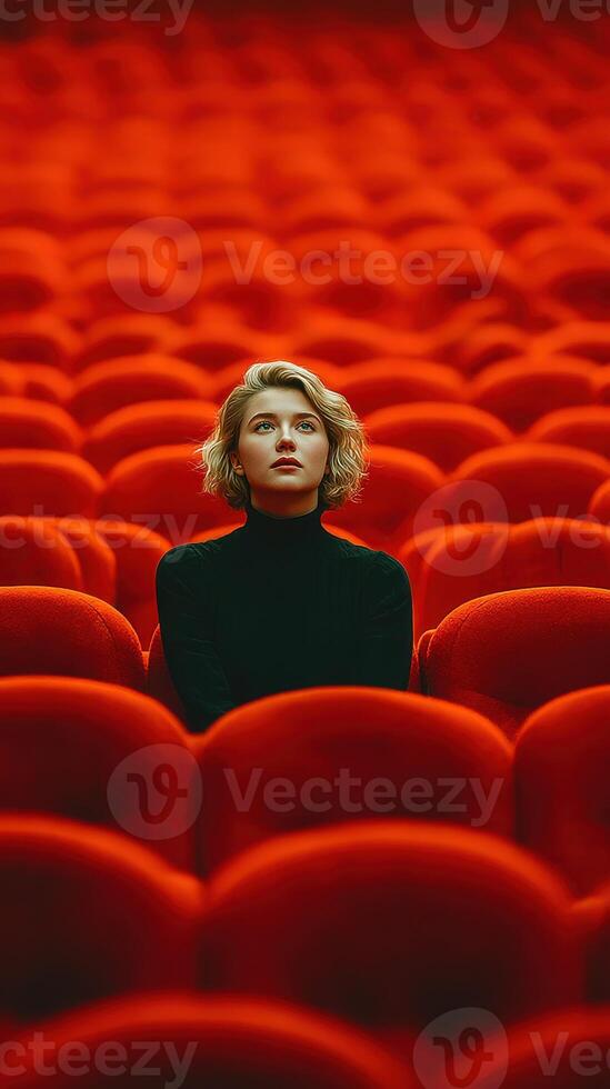 Woman sits alone in red theater seats, expressing contemplation in a vibrant and modern setting during an evening performance photo