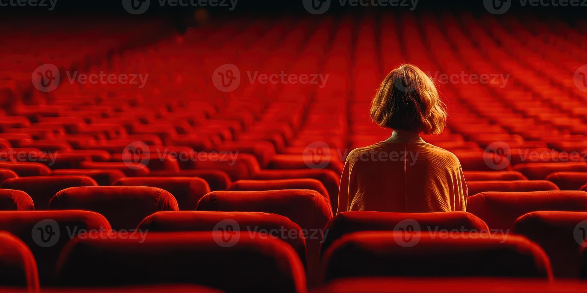 Person sits alone in empty theater with red seats during a quiet moment of reflection photo