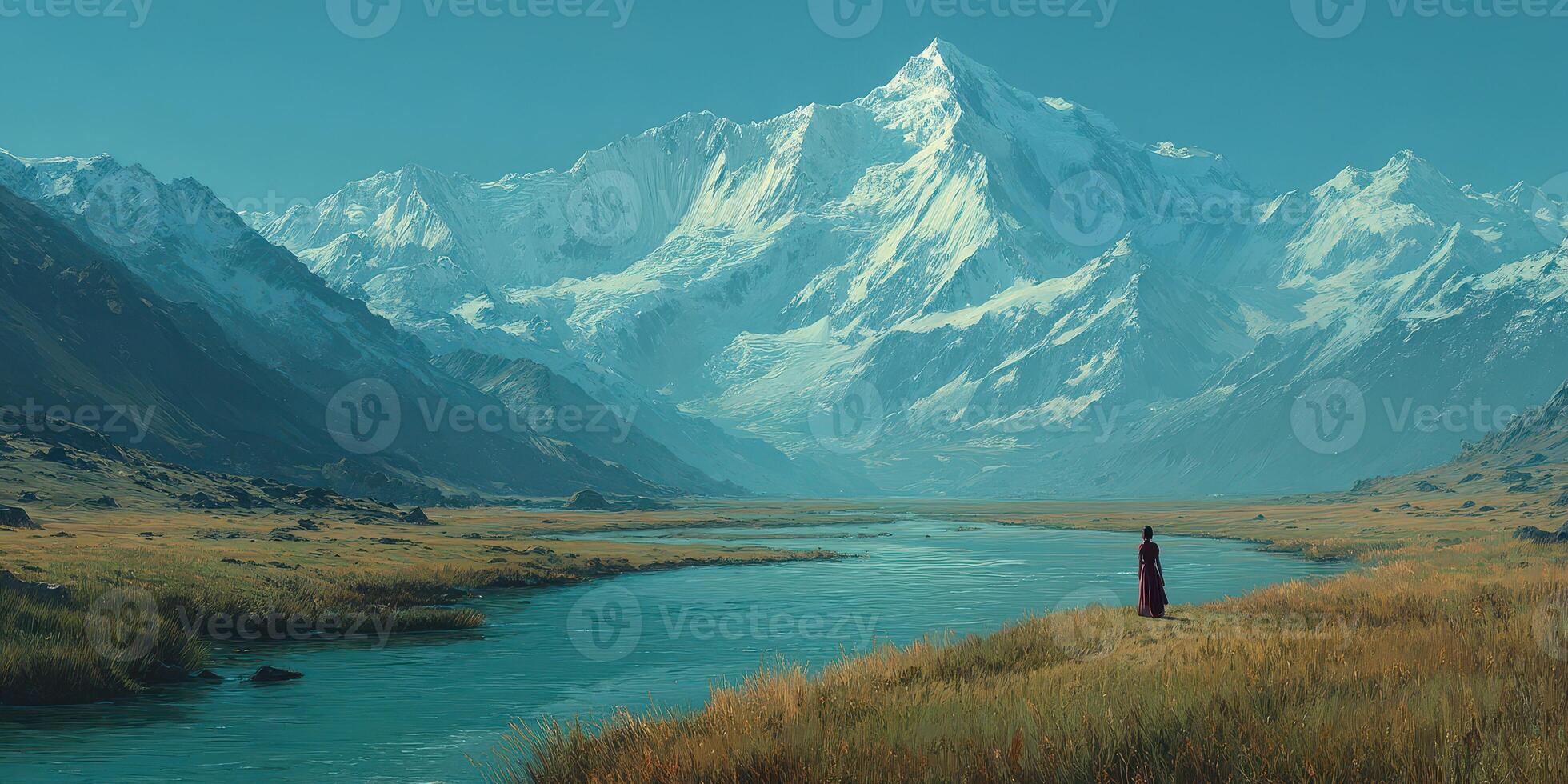 Majestic mountains rise above a serene river with a figure standing in the meadow during a clear day photo
