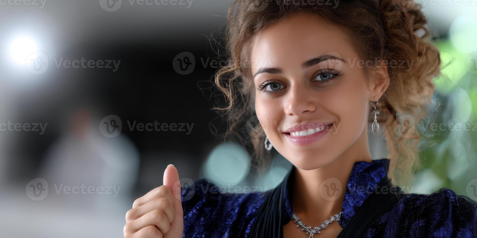 Young woman smiles confidently while showcasing elegant jewelry in a brightly lit indoor setting photo