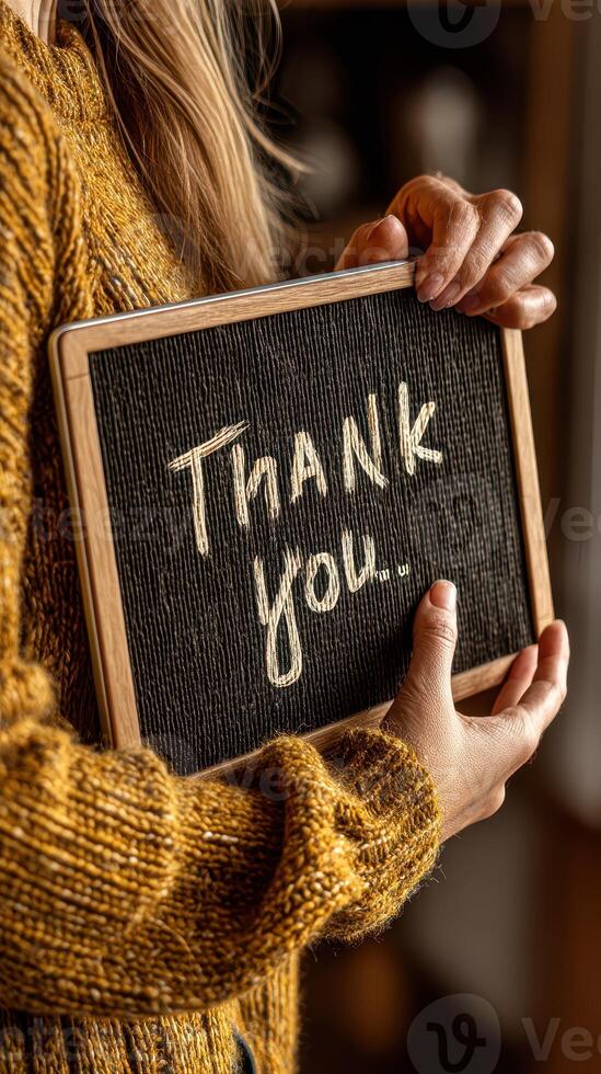 Woman holding chalkboard with handwritten thank you message indoors during autumn season photo