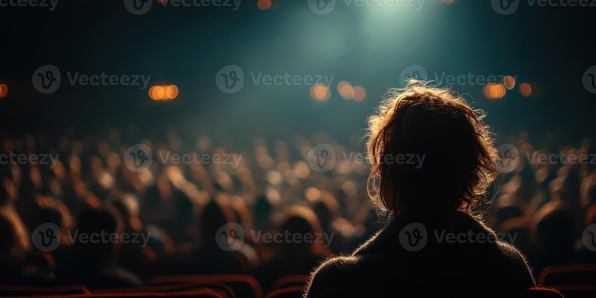 Audience engaged in performance at a theater during evening show with dramatic lighting and warm ambiance photo