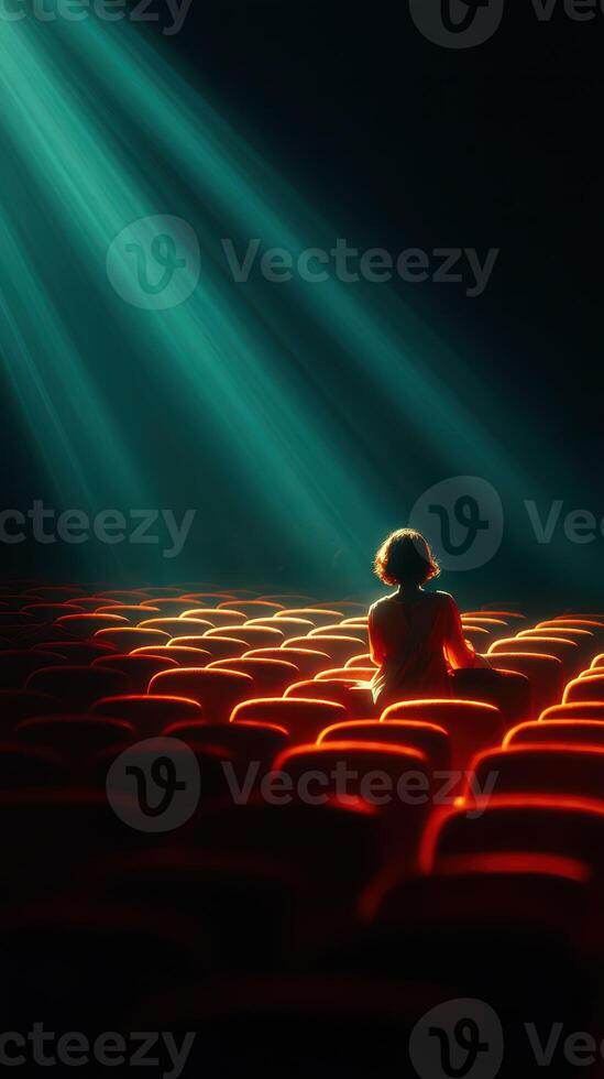 Person sitting alone in empty theater illuminated by dramatic light beams during evening time photo