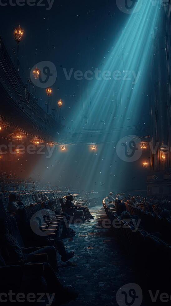 Audience captivated by a spotlight in an old theater during a dramatic performance at night photo