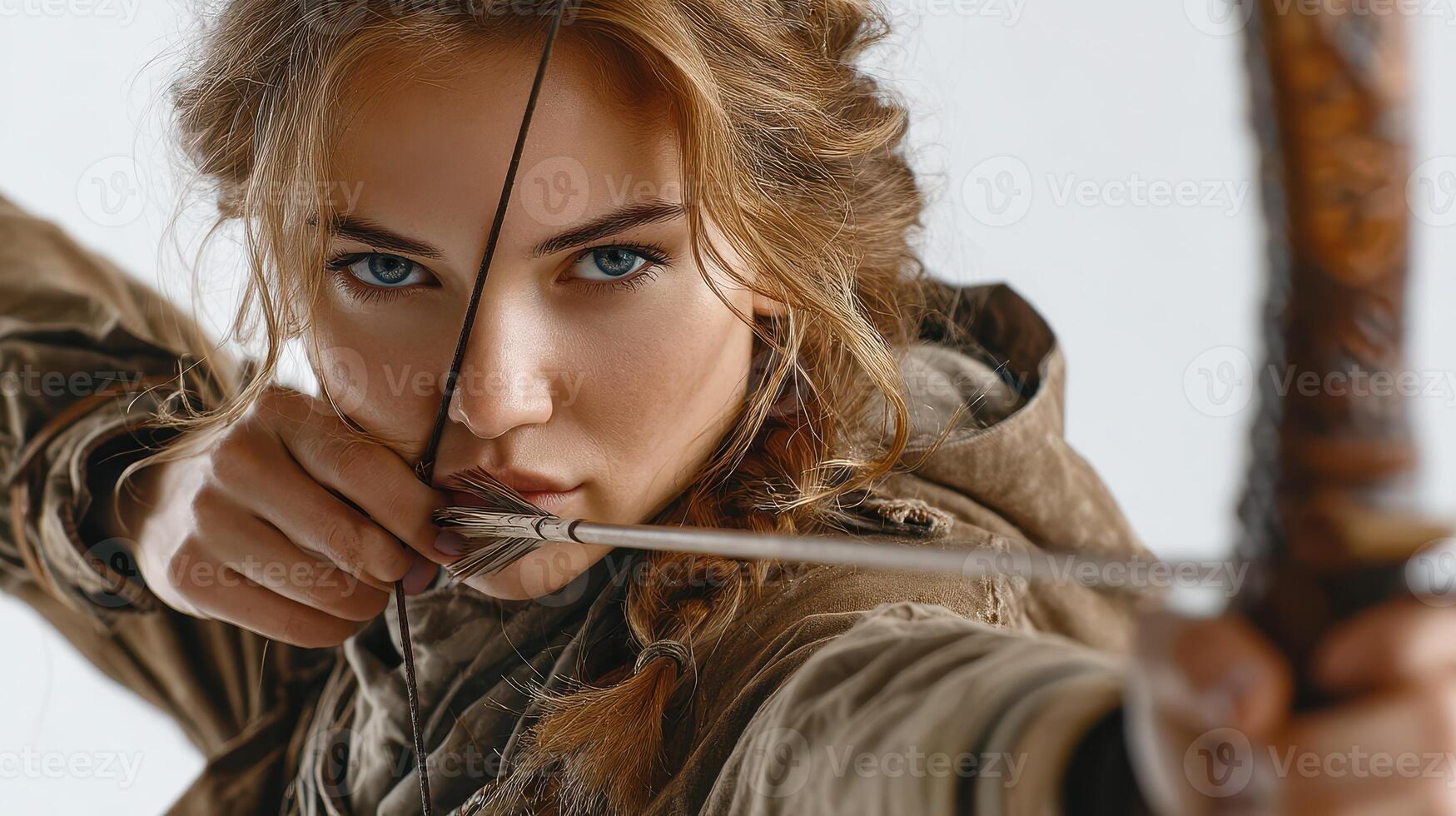Skilled archer aiming her bow with focus in a studio setting during a photo shoot