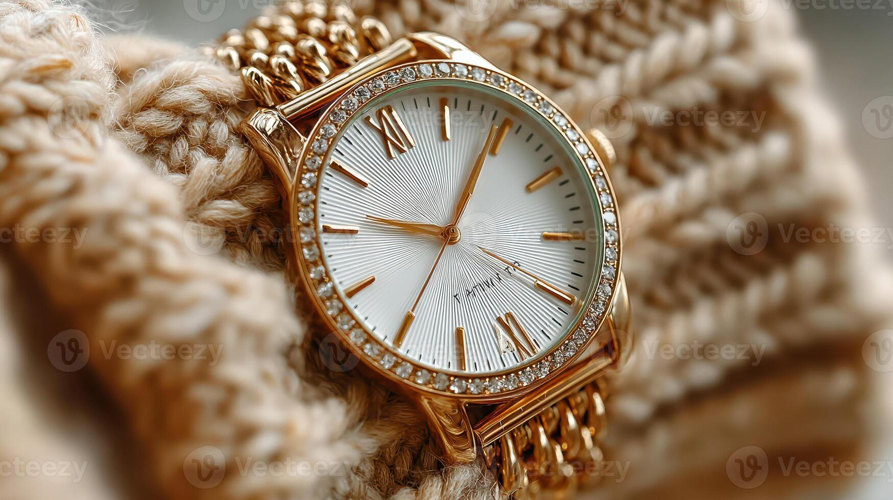 Luxurious golden watch resting on textured knitted fabric in soft lighting with elegant design features photo