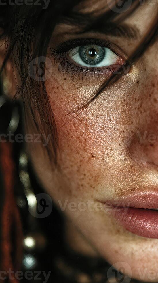 Close-up portrait of a person with striking features and freckles, showcasing unique expressions and detailed textures in natural light photo