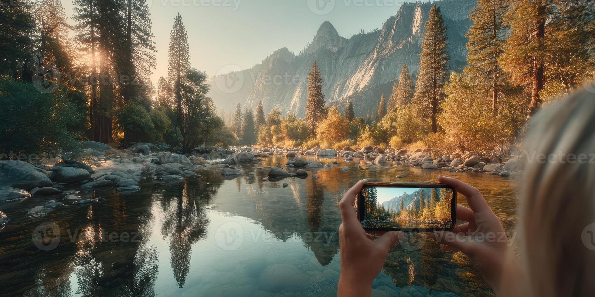 Capturing a serene river view in the mountains during golden hour with a smartphone in hand photo