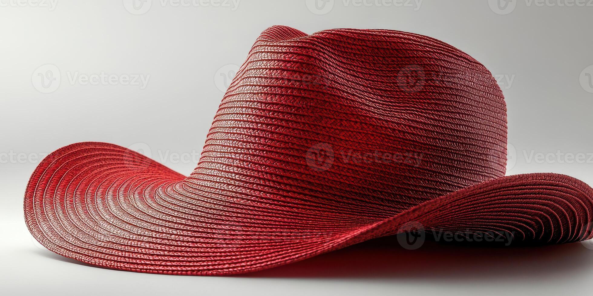 Stylish red cowboy hat resting on a neutral background highlighting its unique texture and vibrant color photo