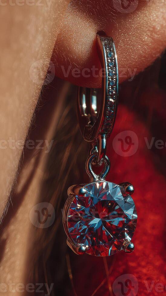 Elegant close-up of sparkling earring showcased in warm light with vibrant background highlighting craftsmanship photo