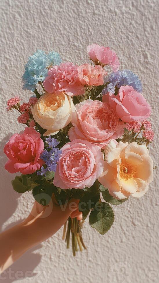 Beautiful bouquet of colorful flowers held against a textured wall on a sunny day photo
