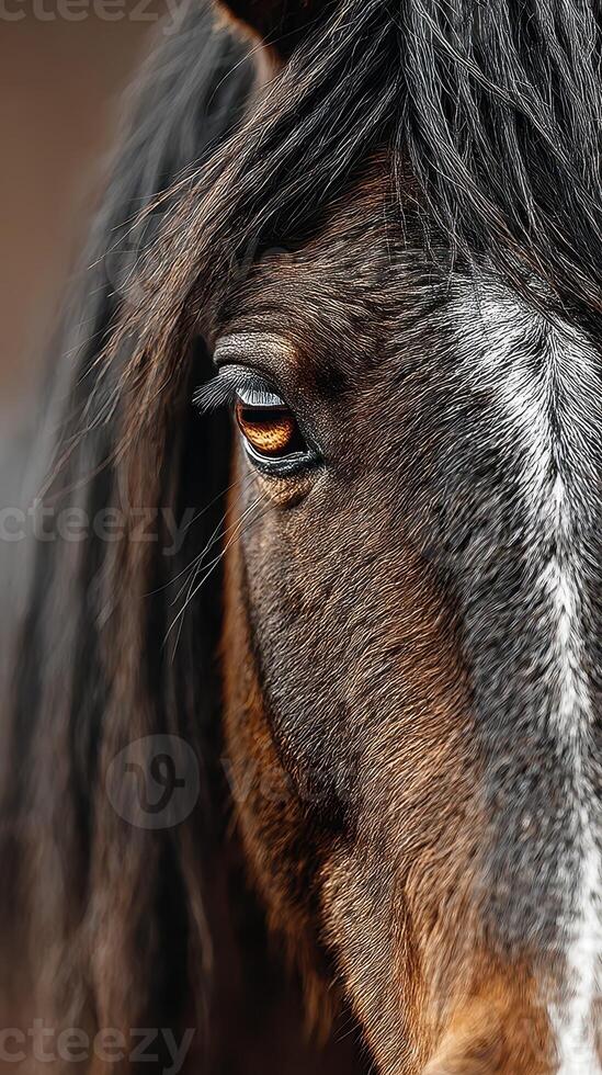 Close-up of a horse's eye revealing deep emotion and texture in natural lighting at a farm during early morning photo