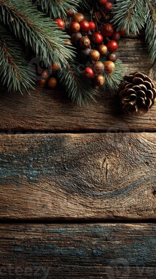 Festive arrangement of pine branches, berries, and a pine cone on a rustic wooden table during the holiday season photo