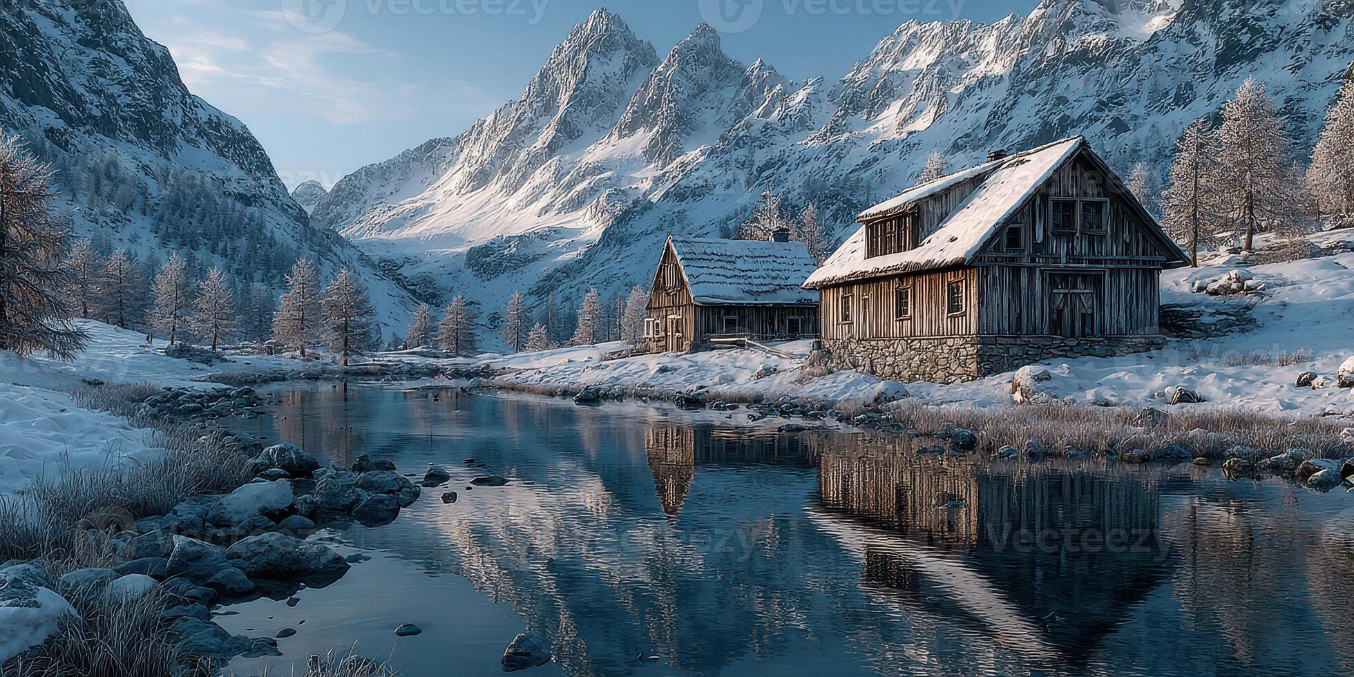Snow-covered mountains reflect in a tranquil river with rustic cabins in a serene winter landscape photo