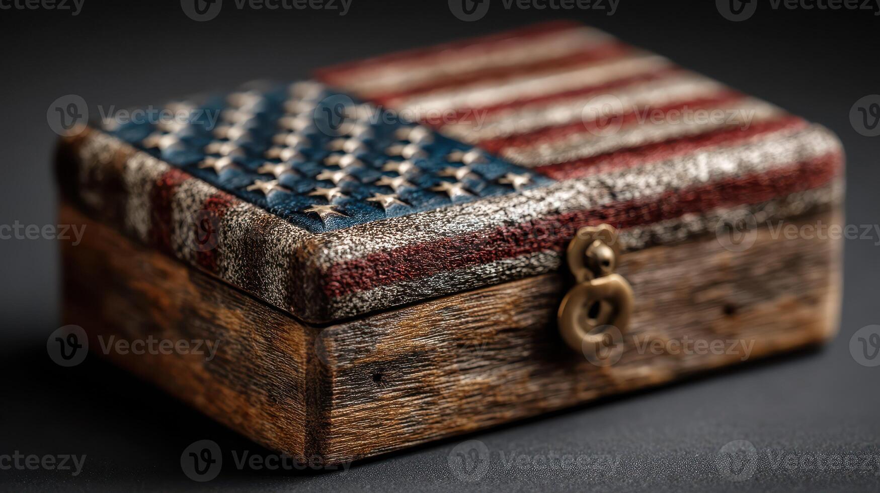 Wooden box featuring a detailed American flag design with a rustic finish displayed on a dark background photo