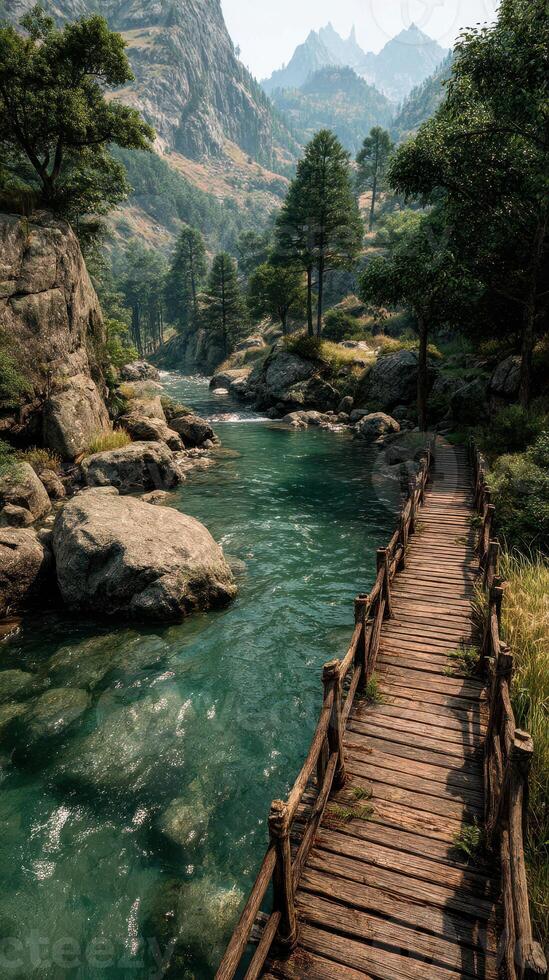 Beautiful wooden bridge crossing a serene river surrounded by mountains in a peaceful natural landscape during daytime photo