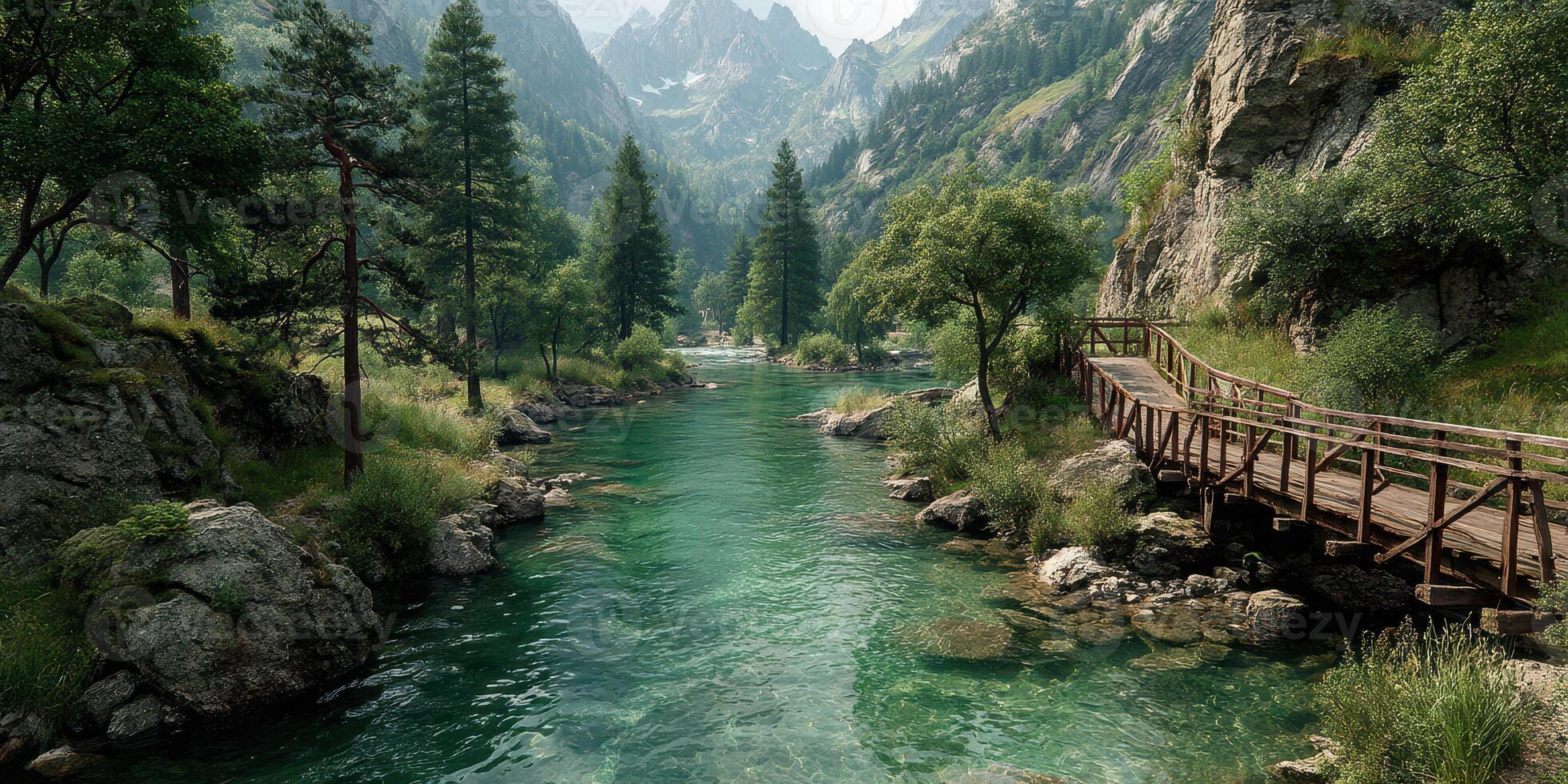 Tranquil river winding through mountains and lush greenery in a serene valley during daylight hours photo