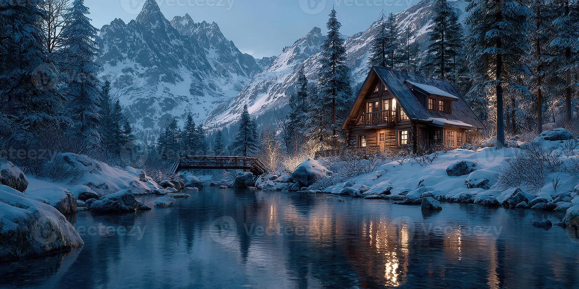 Charming cabin nestled by a serene river in a snowy mountain landscape at twilight photo