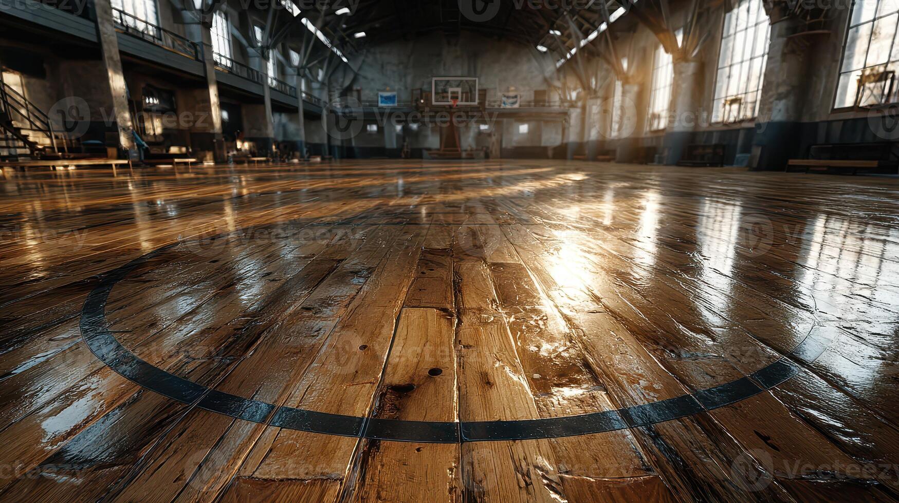 Basketball court with polished wooden floor and lighting in an indoor gym during early morning hours photo