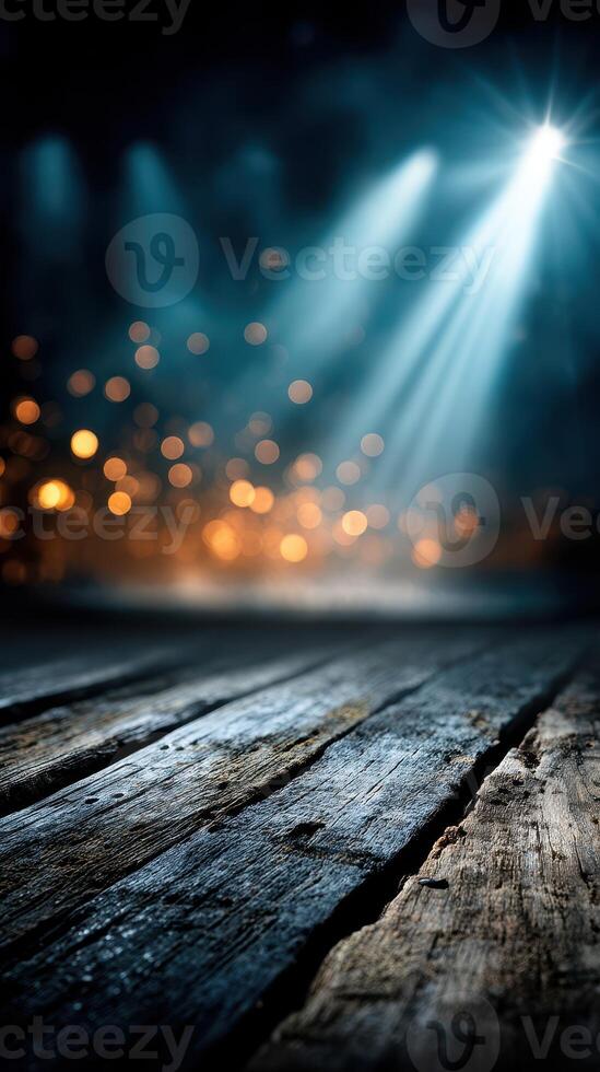 Subtle glow from stage lights illuminating wooden floor in an empty concert hall during a lively performance night photo